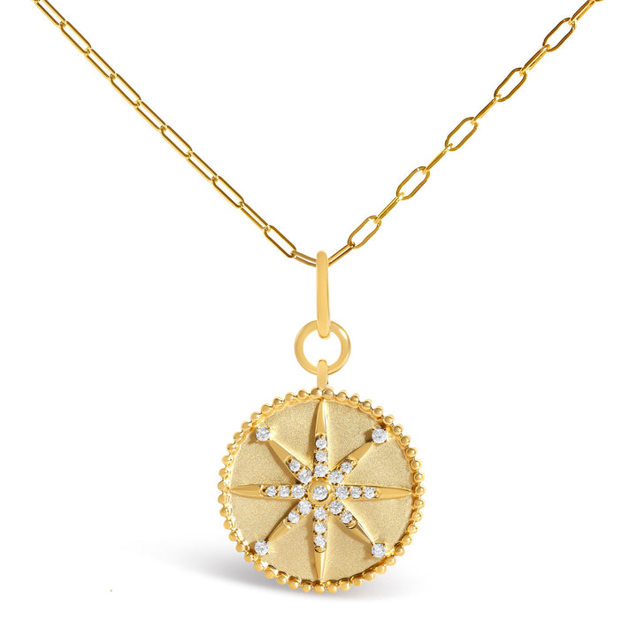 14K Yellow Gold 1/4 Cttw Diamond Compass Medallion Pendant Necklace