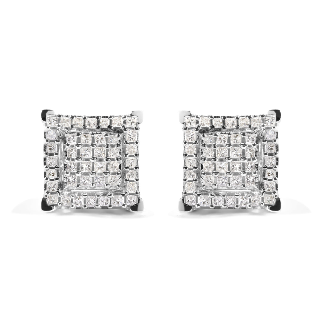 10K White Gold 1 1/4 Cttw Princess Diamond Composite Double Square and Halo Stud Earrings (I-J Color, I1-I2 Clarity)