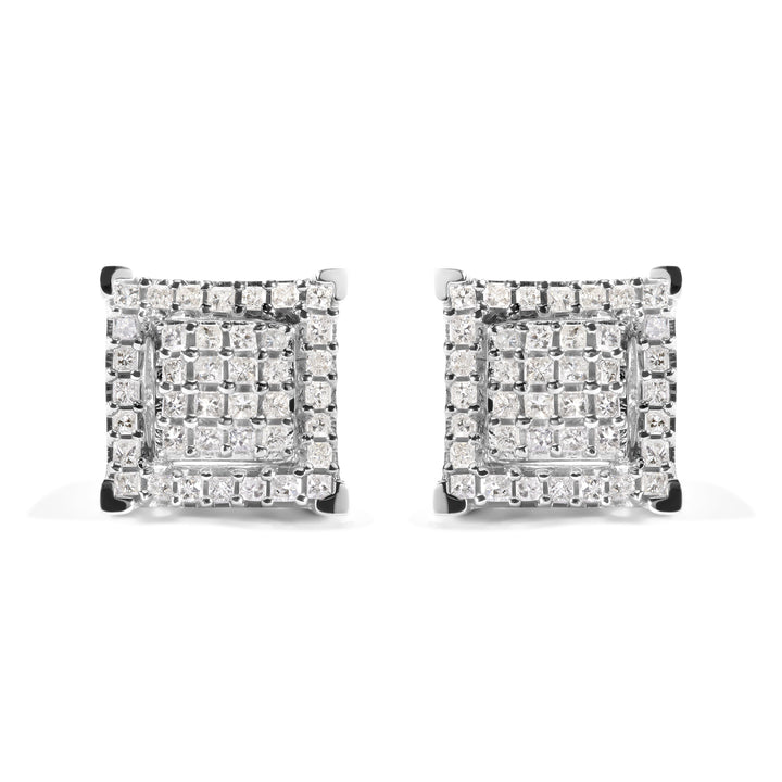 10K White Gold 1 1/4 Cttw Princess Diamond Composite Double Square and Halo Stud Earrings (I-J Color, I1-I2 Clarity)