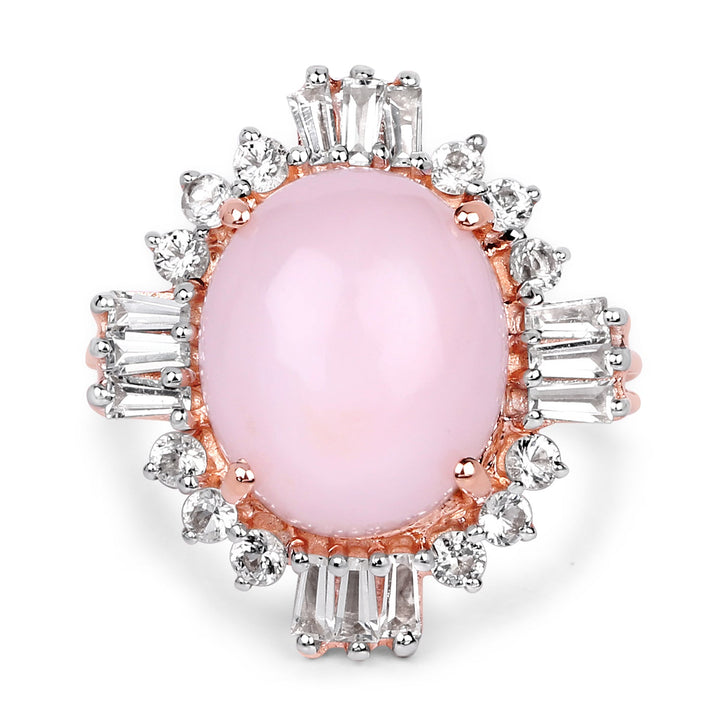 14K Rose Gold Plated 6.42 Carat Genuine Pink Opal and White Topaz .925 Sterling Silver Ring