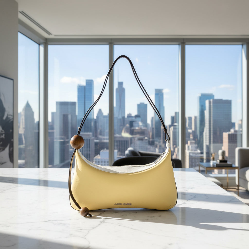 Yellow handbag with wooden beads on a white background