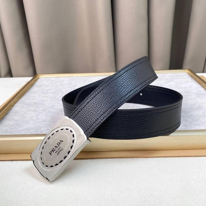 Prada Leather Belt Brushed Silver Buckle &