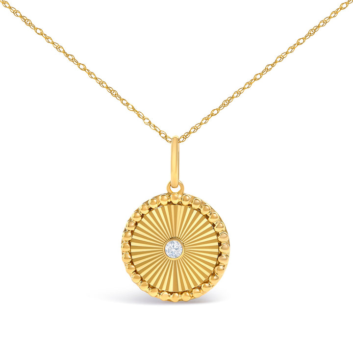 14K Yellow Gold Diamond Accent Medallion Circle Fluted Pendant Necklace