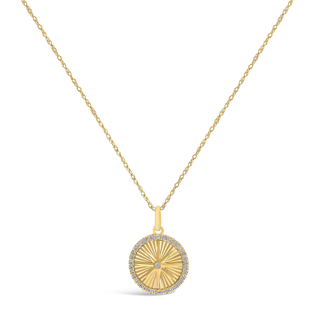 14K Yellow Gold 1/5 Cttw Diamond Starburst Fluted Medallion Pendant Necklace