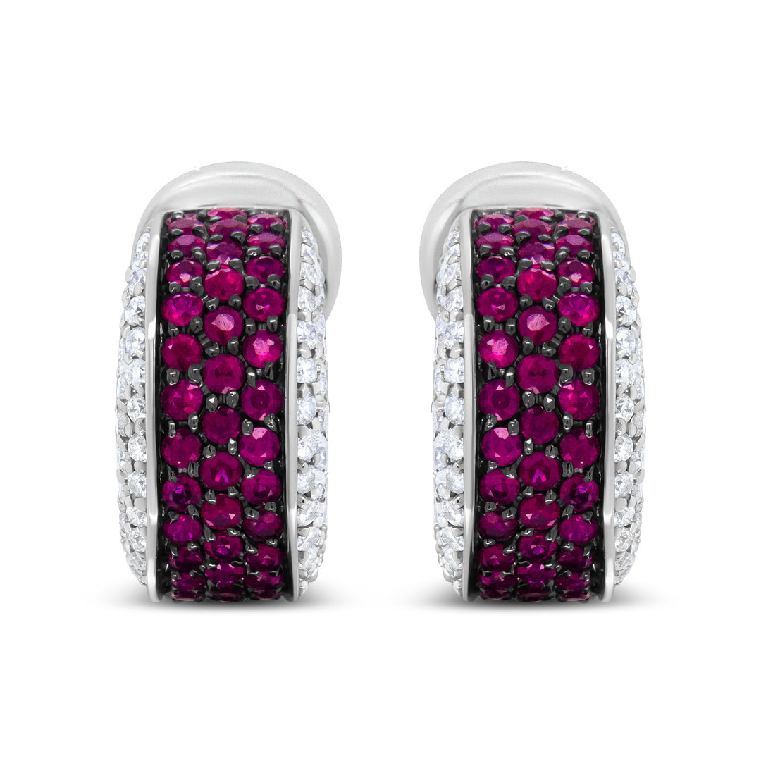 18K White Gold and Black Rhodium Plated 3/4 Cttw Round Diamonds and 1mm Round Red Ruby Huggie Hoop Earrings (F-G Color, VS1-VS2 Clarity)