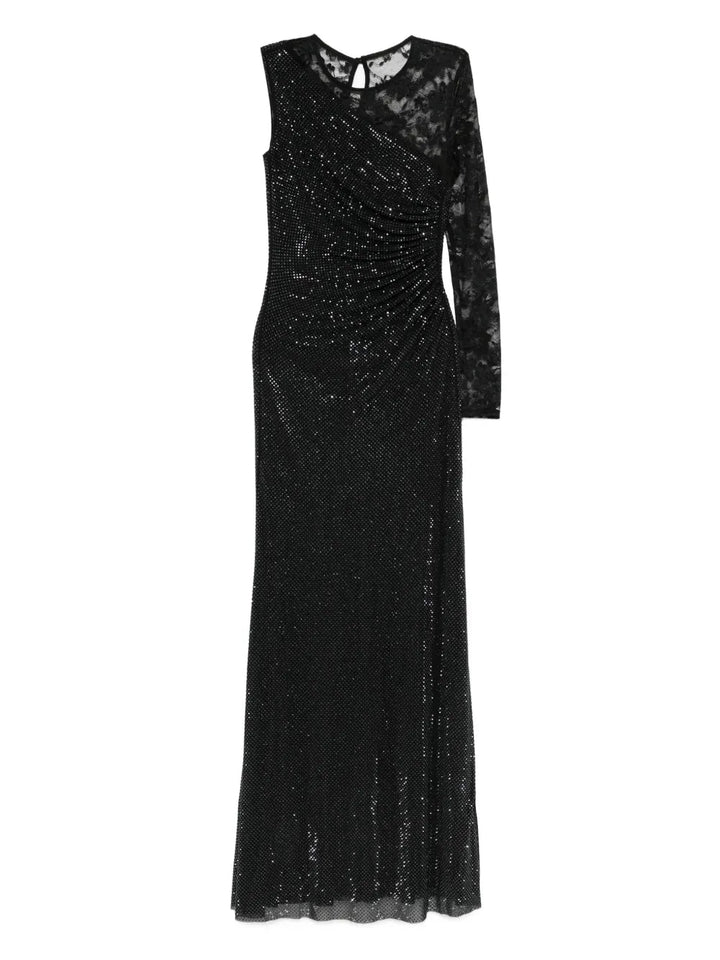 Self-Portrait Women Black Rhinestone Mesh And Lace Maxi Dress