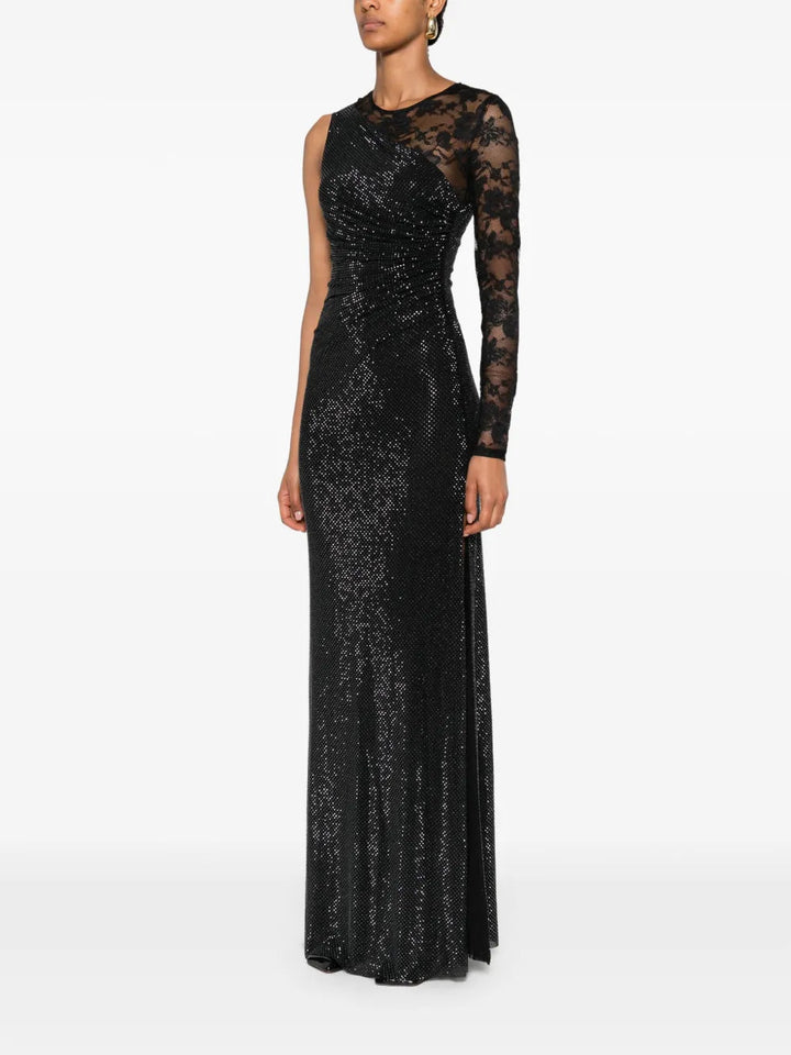 Self-Portrait Women Black Rhinestone Mesh And Lace Maxi Dress