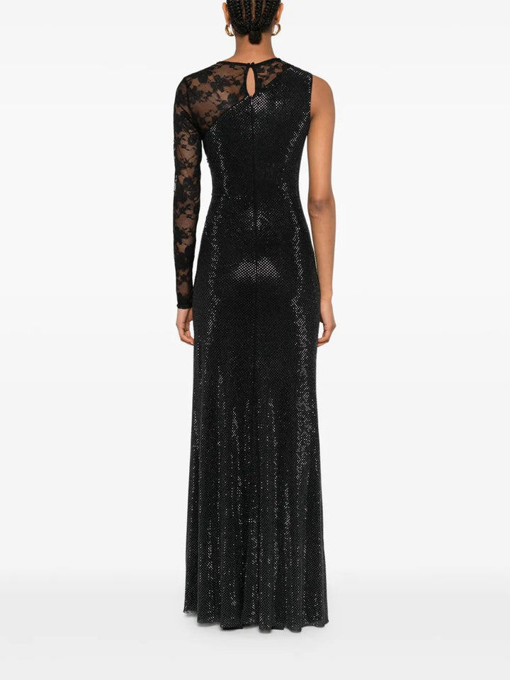 Self-Portrait Women Black Rhinestone Mesh And Lace Maxi Dress
