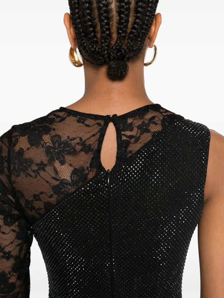 Self-Portrait Women Black Rhinestone Mesh And Lace Maxi Dress