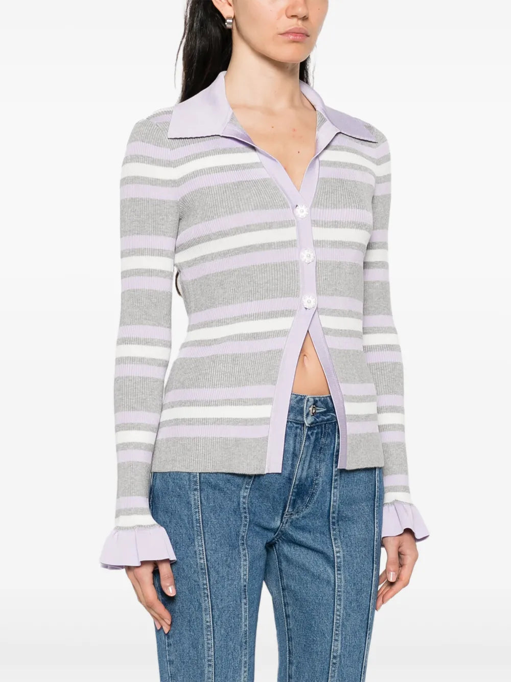 Self-Portrait Women Grey Striped Ribbed Sweater