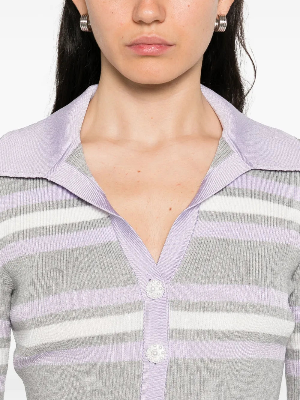 Self-Portrait Women Grey Striped Ribbed Sweater