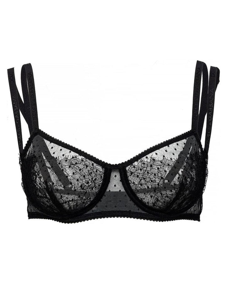 Black lace bra on a white background