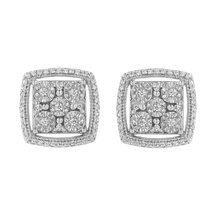 .925 Sterling Silver 3/8 Cttw Miracle Set Round Diamond Double Halo Cluster Earrings (I-J Color, I2-I3 Clarity)