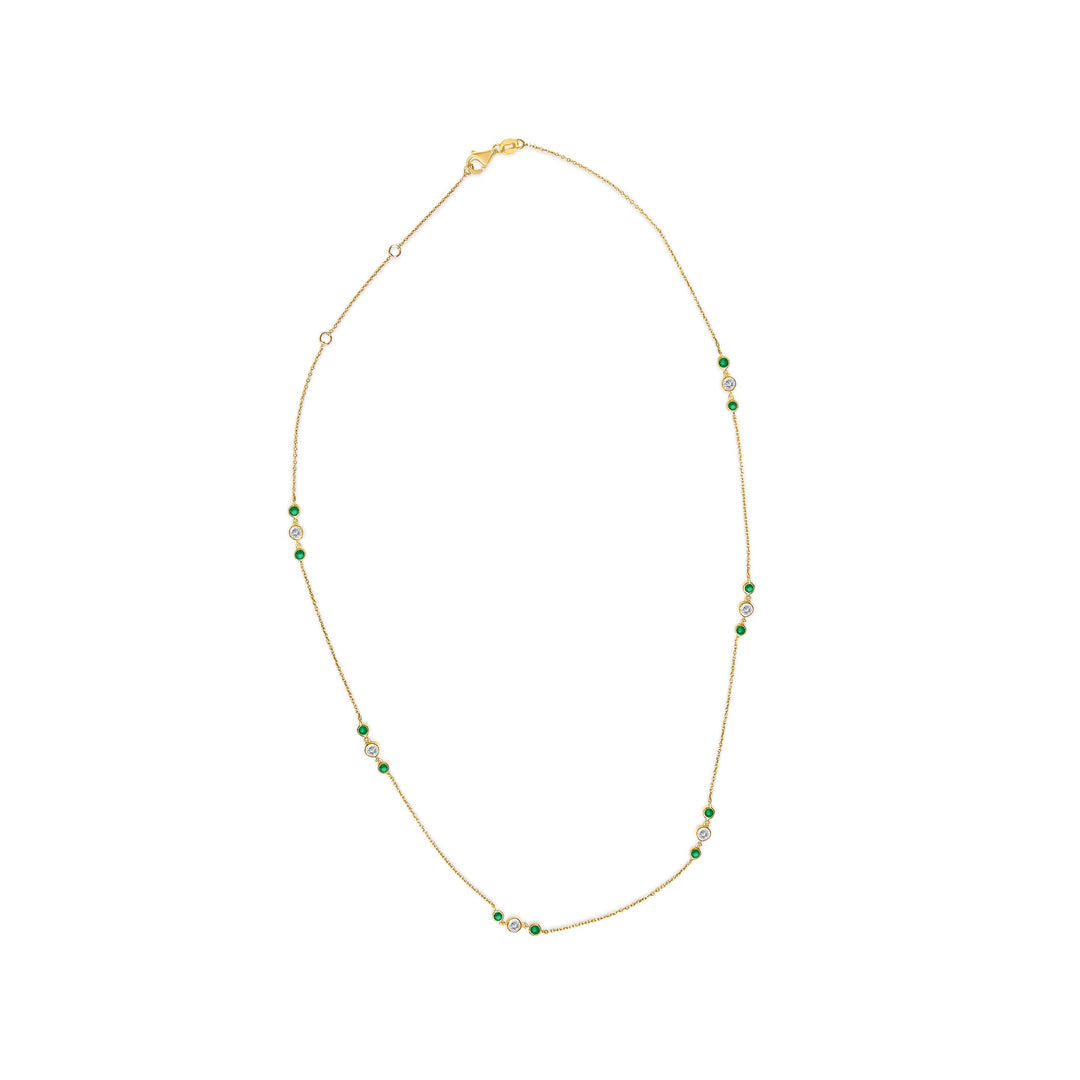 14K Yellow Gold Emerald and 1/2 Cttw Diamond Station Necklace