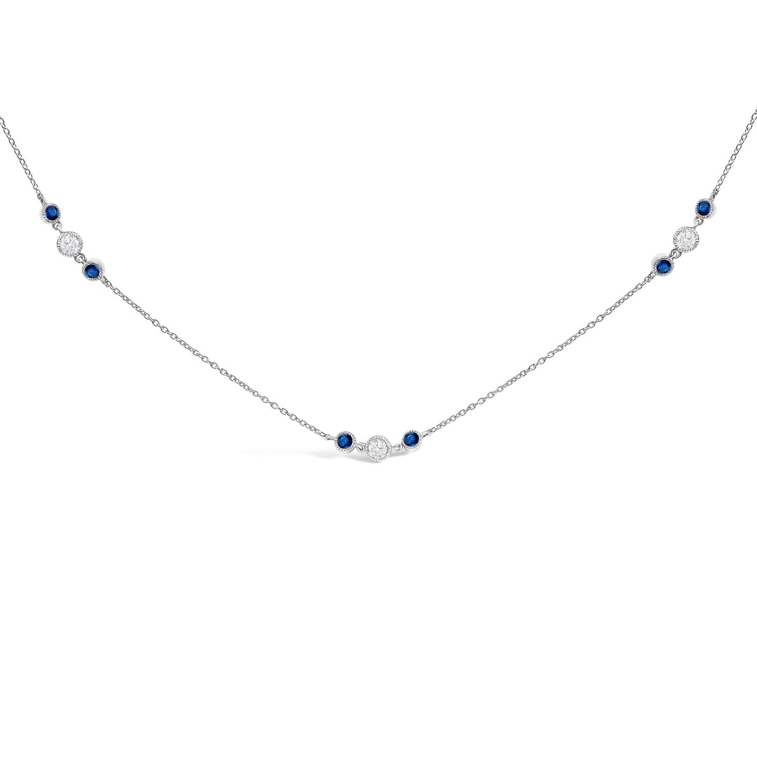 14K White Gold Sapphire and 1/2 Cttw Diamond Station Necklace