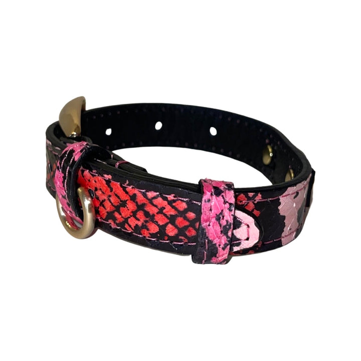 XS/S 7”-14” Fuchsia/Light Pink/Red &amp; Black Snake Collar/Custom Gold Italian Hardware