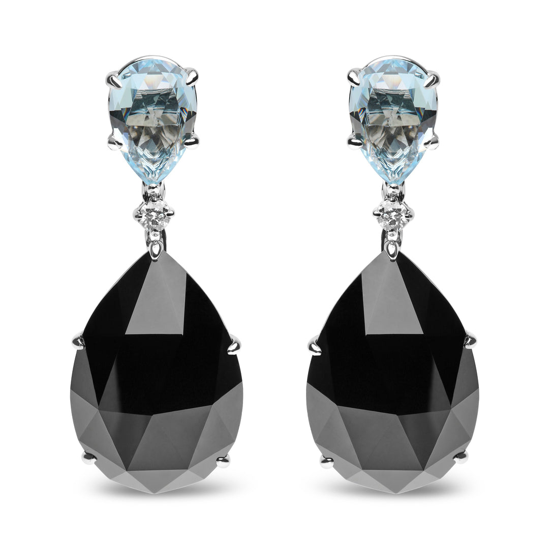 18K White Gold 1/5 Cttw Diamond with Pear Cut Sky Blue Topaz and Pear-Cut Black Onyx Gemstone Dangle Earring (G-H Color, SI1-SI2 Clarity)