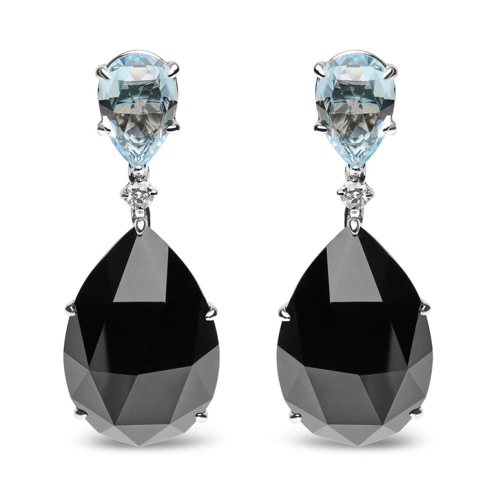 18K White Gold 1/5 Cttw Diamond with Pear Cut Sky Blue Topaz and Pear-Cut Black Onyx Gemstone Dangle Earring (G-H Color, SI1-SI2 Clarity)