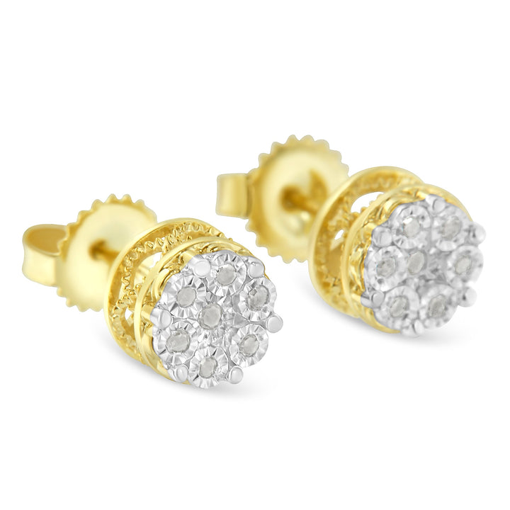 10K Yellow Gold over .925 Sterling Silver 1/7 Cttw Rose-Cut Miracle-Set Diamond Floral Cluster Button Stud Earrings (I-J Color, I3 Clarity)