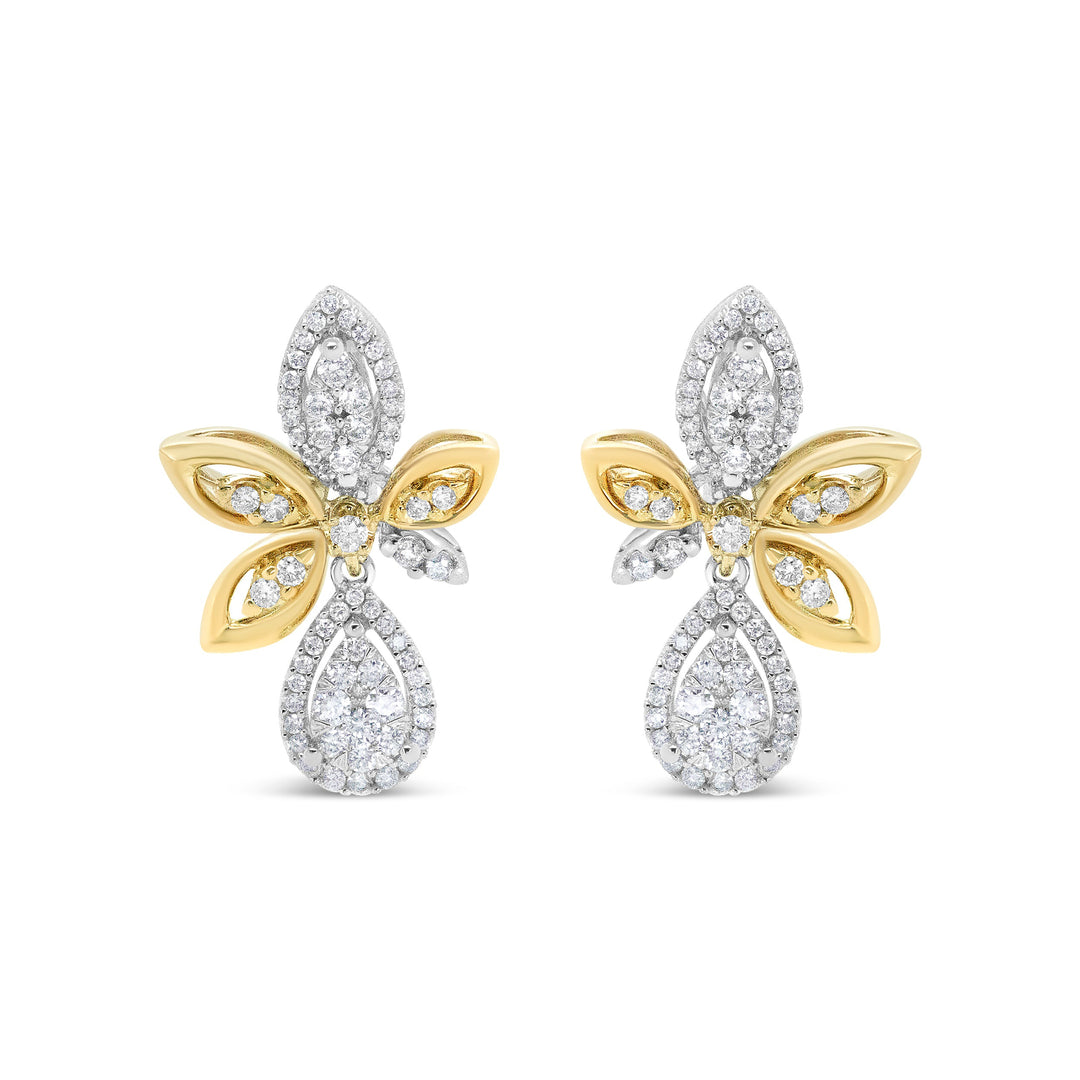 14K White and Yellow Gold 1.00 Cttw Round Pave-Set Diamond Teardrop and Marquise Shape Drop Dangle Earrings (H-I Color, SI1-SI2 Clarity)