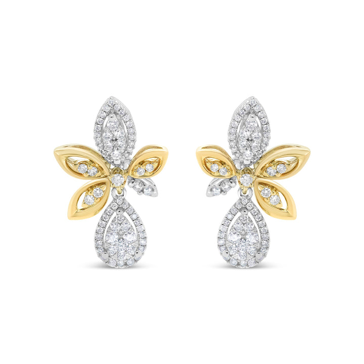 14K White and Yellow Gold 1.00 Cttw Round Pave-Set Diamond Teardrop and Marquise Shape Drop Dangle Earrings (H-I Color, SI1-SI2 Clarity)