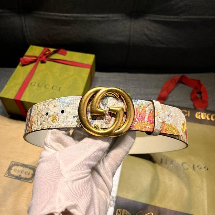 Gucci Guccissima Leather Floral Print Double Gold G Buckle Woman Belt &