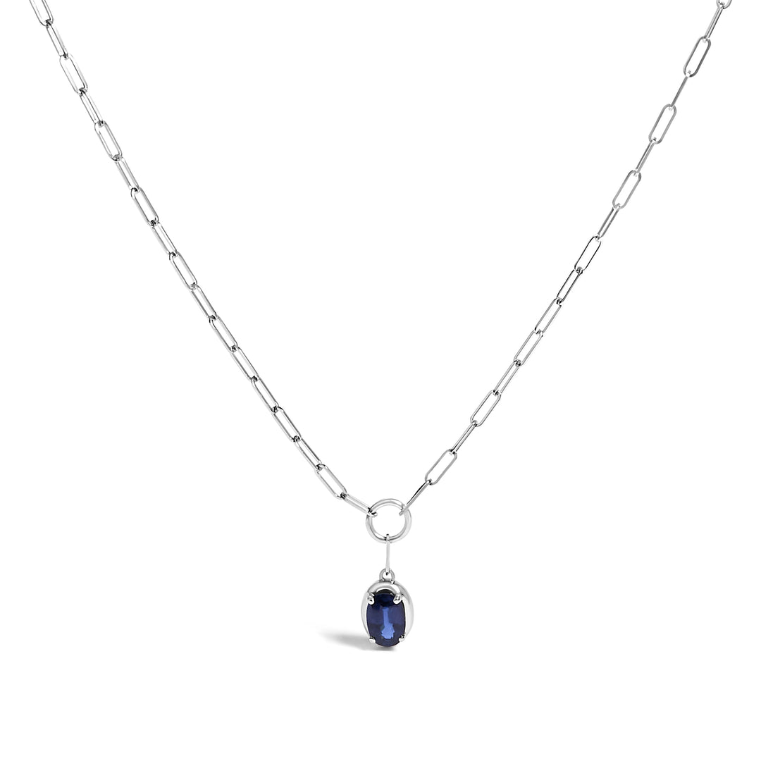 10K White Gold 6x4 mm Oval Blue Sapphire Solitaire Paperclip Pendant Necklace - 18" Inches