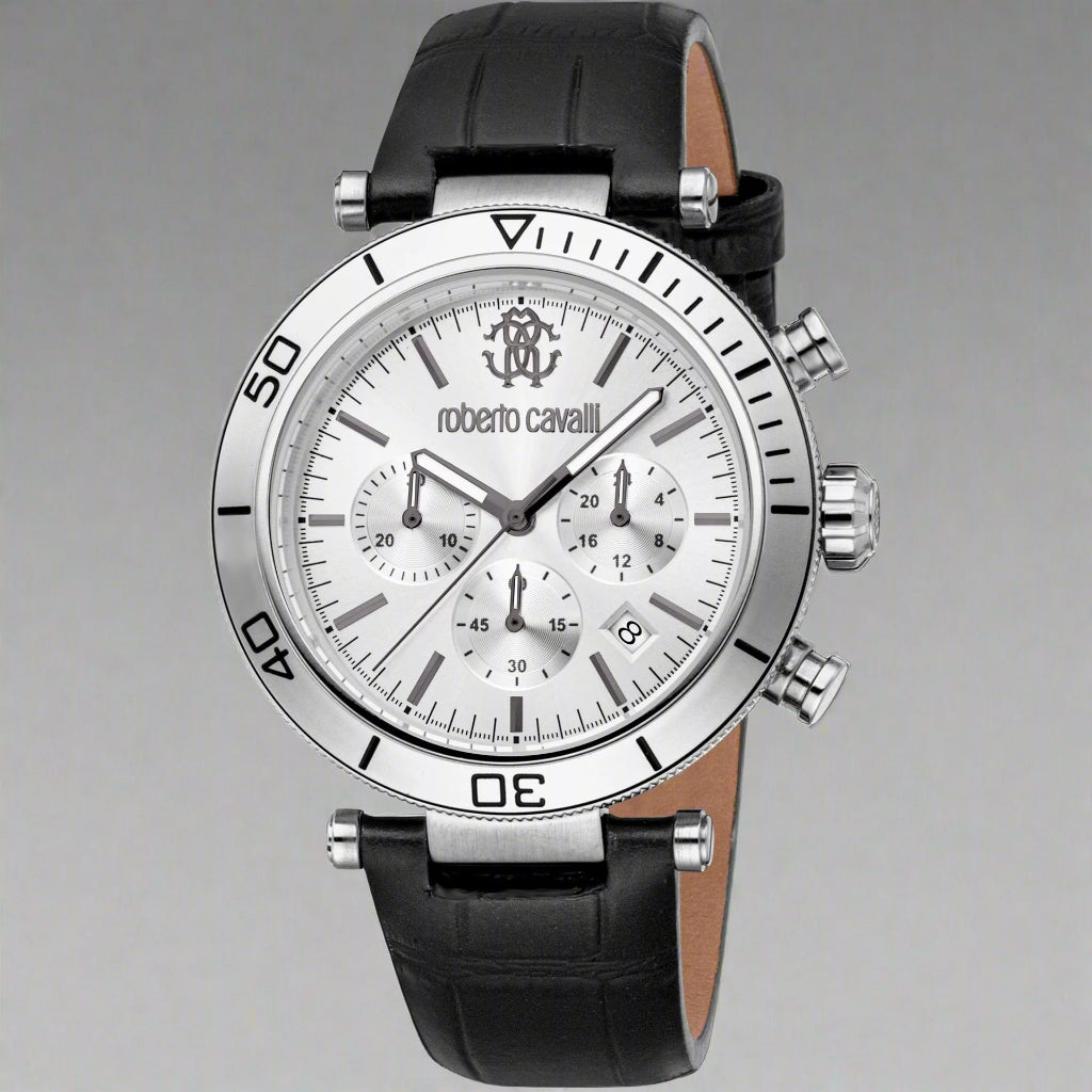 Roberto Cavalli chronograph watch with stainless steel case, analog dial, quartz movement, and leather strap.