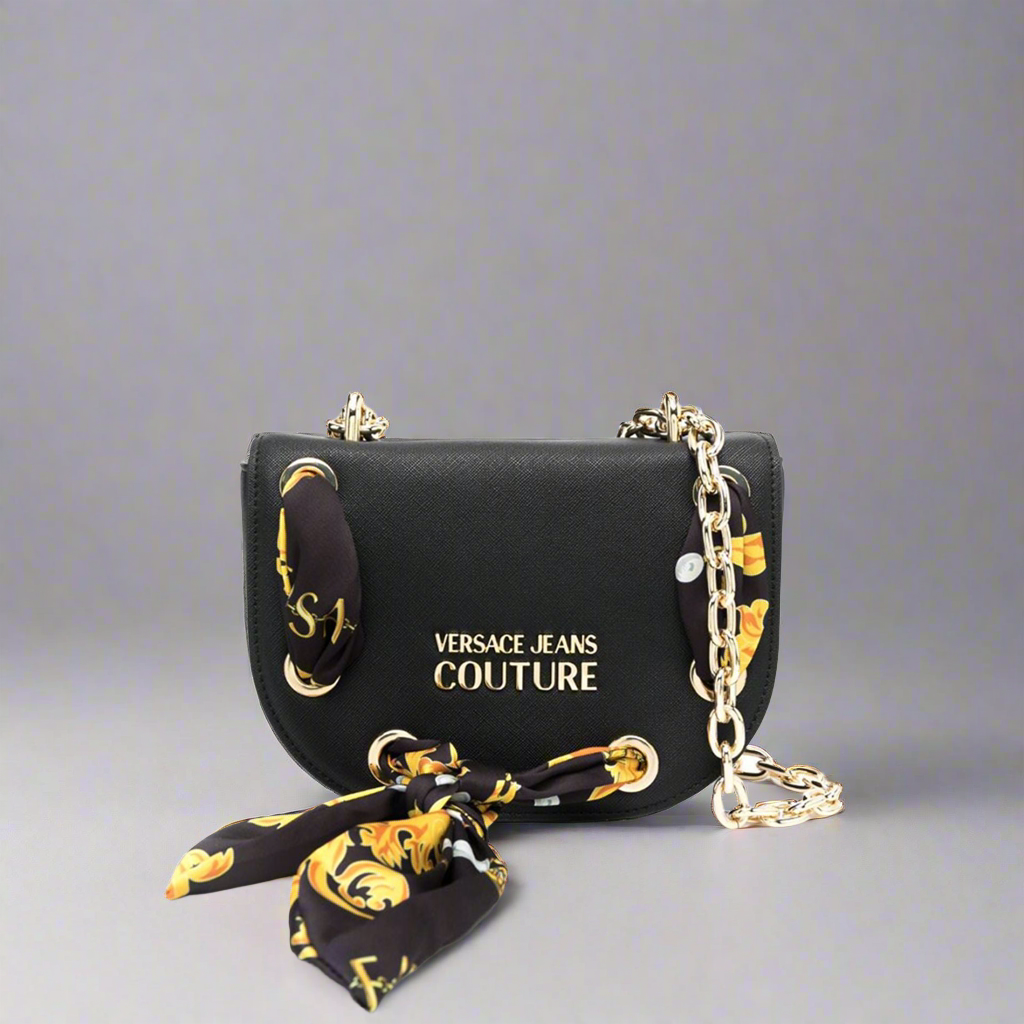 Versace Jeans Couture shoulder bag in synthetic leather with gold emblem and decorative scarf, perfect for women.