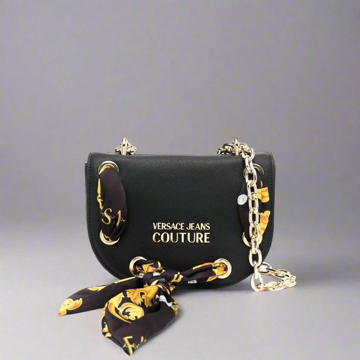 Versace Jeans Couture shoulder bag in synthetic leather with gold emblem and decorative scarf, perfect for women.