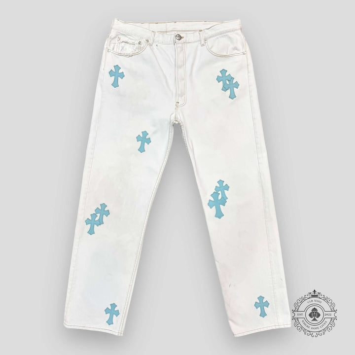 Chrome Hearts Cross Patch Jeans in White / Blue