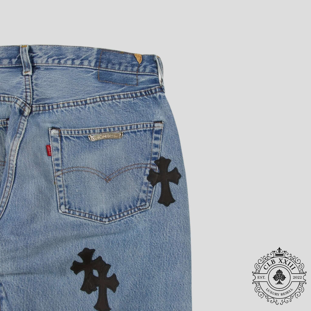 Chrome Hearts Cross Patch Levi 501 Red Line Jeans in Medium Wash/Black