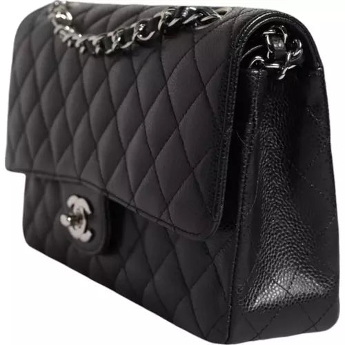 Preloved CHANEL classic quilted handbag front view Authentic CHANEL black leather flap bag CHANEL gold chain shoulder bag – preloved Vintage CHANEL logo clutch purse Secondhand CHANEL luxury tote with dust bag