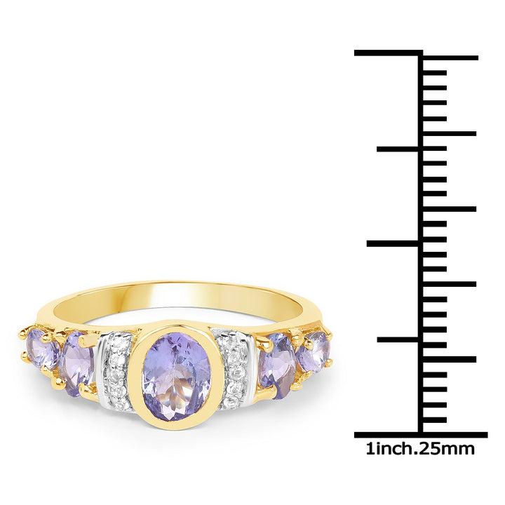 14K Yellow Gold Plated 1.64 Carat Genuine Tanzanite &amp; White Topaz .925 Sterling Silver Ring