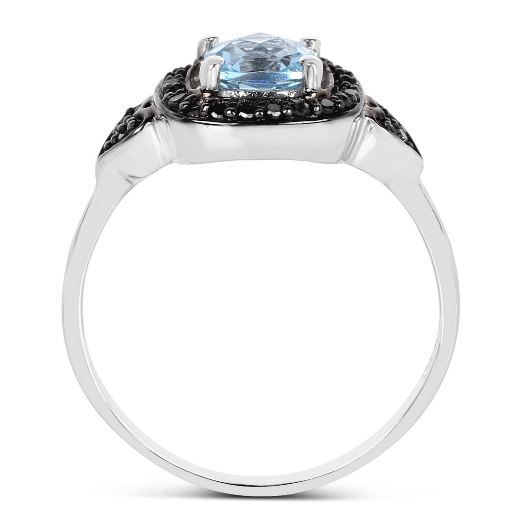 1.19 Carat Genuine Swiss Blue Topaz & Black Diamond .925 Sterling Silver Ring