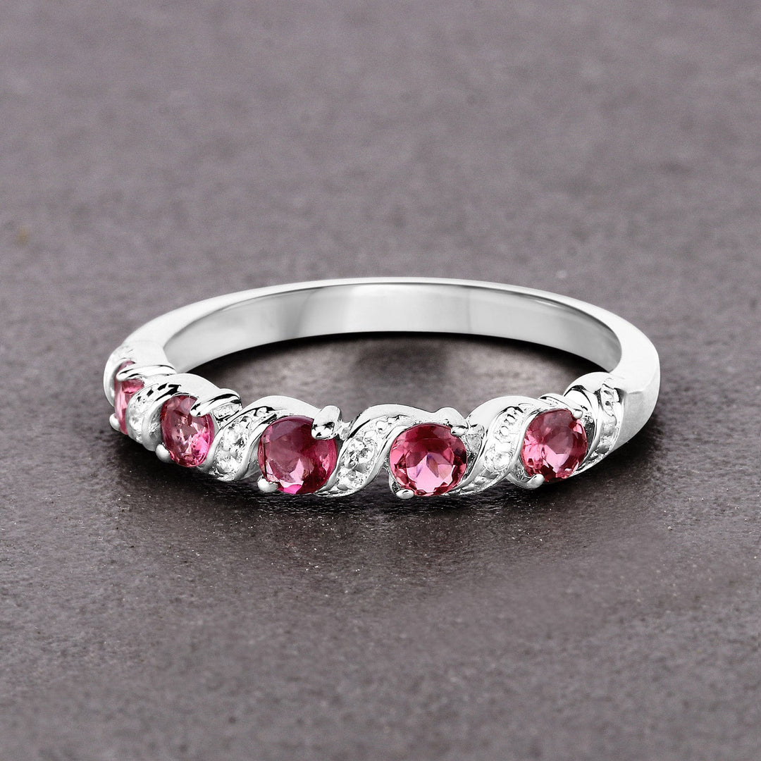 0.64 Carat Genuine Pink Tourmaline and White Topaz .925 Sterling Silver Ring