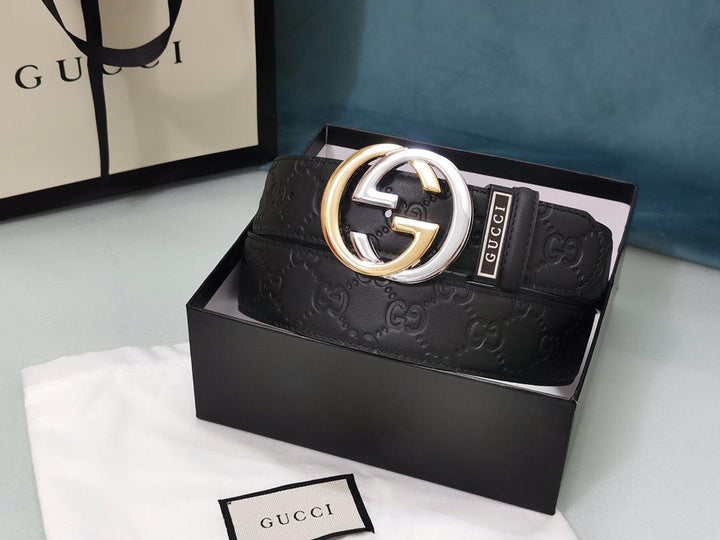 GUCCI Embellished coated-canvas and leather belt &