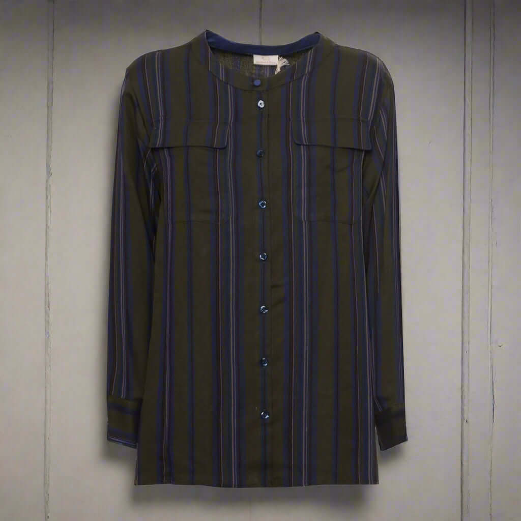 Long-sleeve shirt with black and navy vertical stripes on a white background