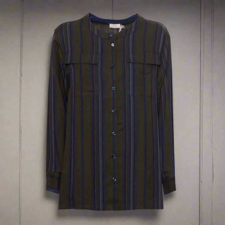 Long-sleeve shirt with black and navy vertical stripes on a white background