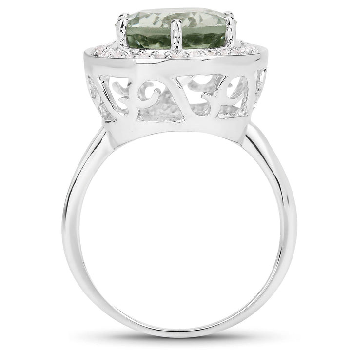4.94 Carat Genuine Green Amethyst and White Topaz .925 Sterling Silver Ring