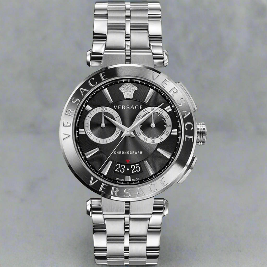 Versace black dial silver tone chronograph day date Watches