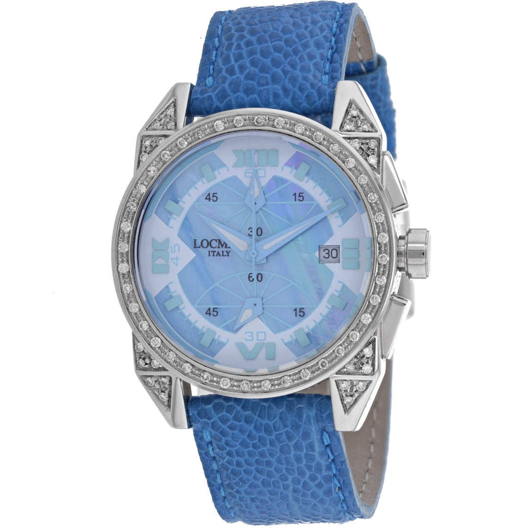 Blue watch with a decorative strap on a white background