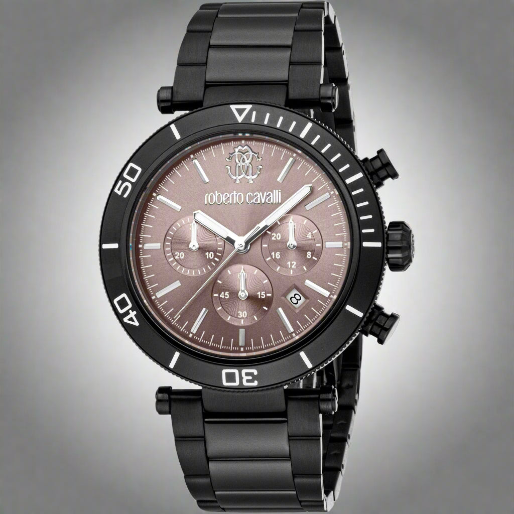 Roberto Cavalli mens black on black bezel & band with chronograph Watches