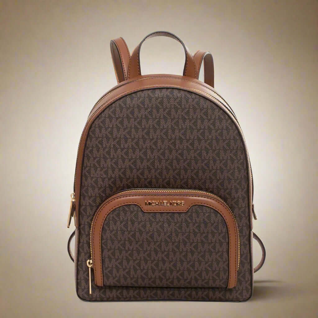 Brown backpack with logo pattern on a white background