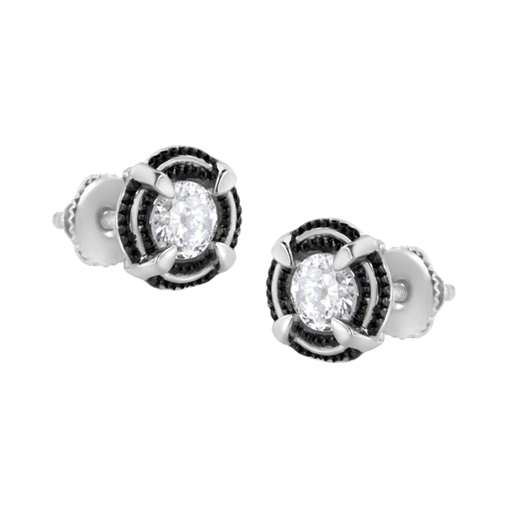Black Rhodium Plated .925 Sterling Silver Round 1-1/2 cttw Diamond Double Halo 4-Prong Solitaire Milgrain Stud Earrings (H-I Color, I2-I3 Clarity)