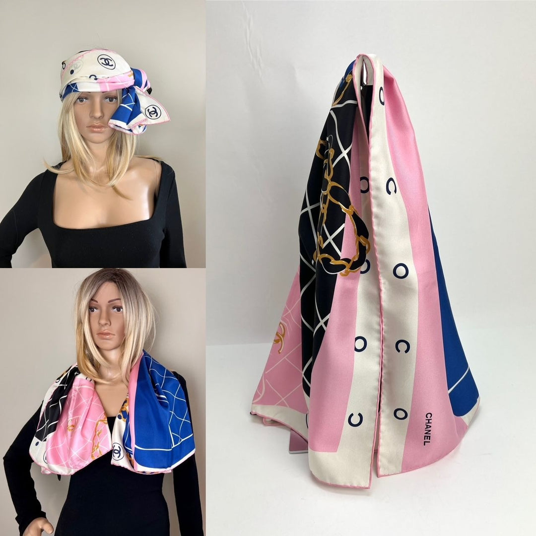 Chanel scarf displayed on a white background with a model wearing it.