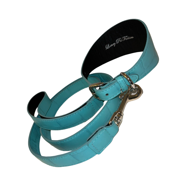 The Tiffany Collection. Gorgeous Turquoise Blue Embossed Croc Italian Leather 3” Wide Style Collar, With Silver Hardware