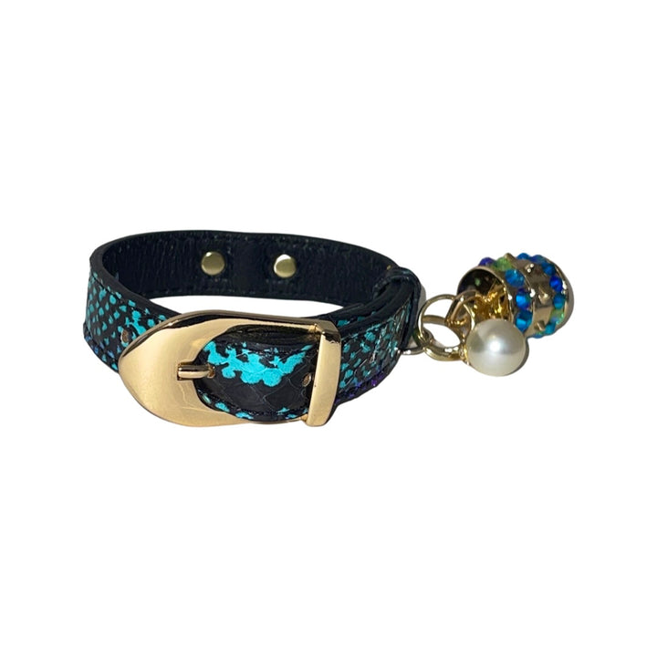 XS 7”-14” Multi-Tone Turquoise, Blqck &amp; Purple Custom Snake Collar/Custom Gold Italian Hardware. Swarovski Crystal Charm &amp; Pearl