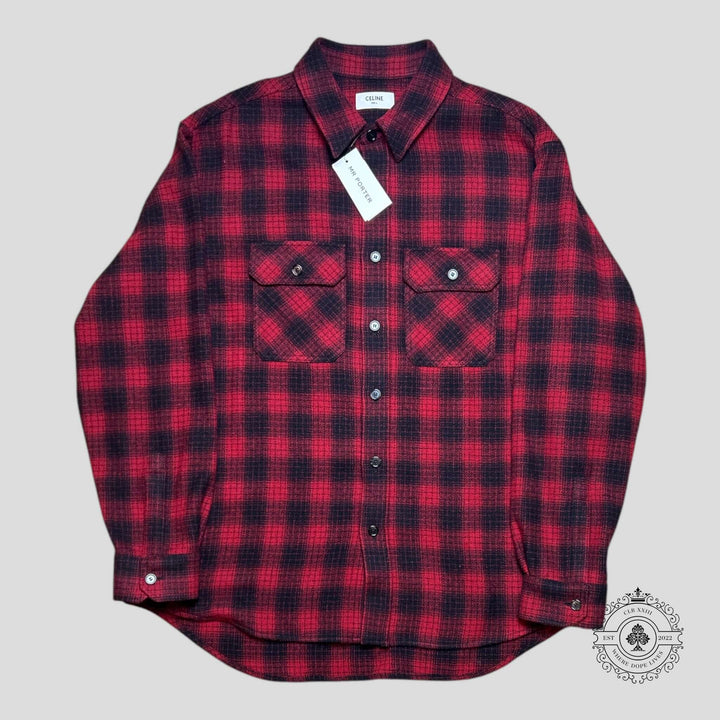 Celine Heavy Wool Flannel Oversized Shirt in Red/Black