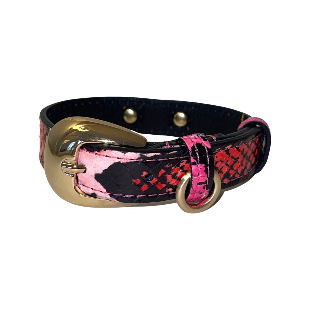 XS/S 7”-14” Fuchsia/Light Pink/Red &amp; Black Snake Collar/Custom Gold Italian Hardware